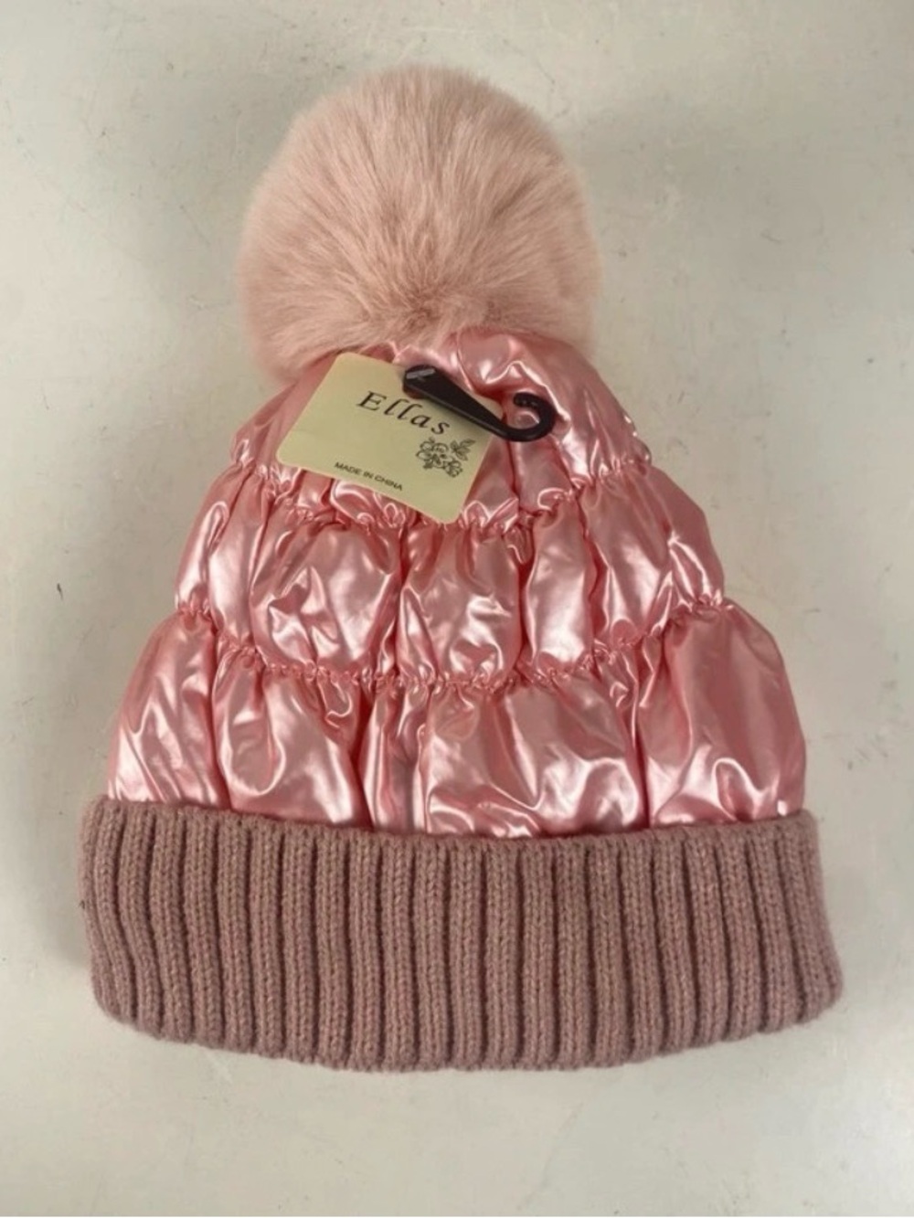 NWT Ellas Soft Pink Faux Fur Pom Pom Puffer Beanie Fleece Lined